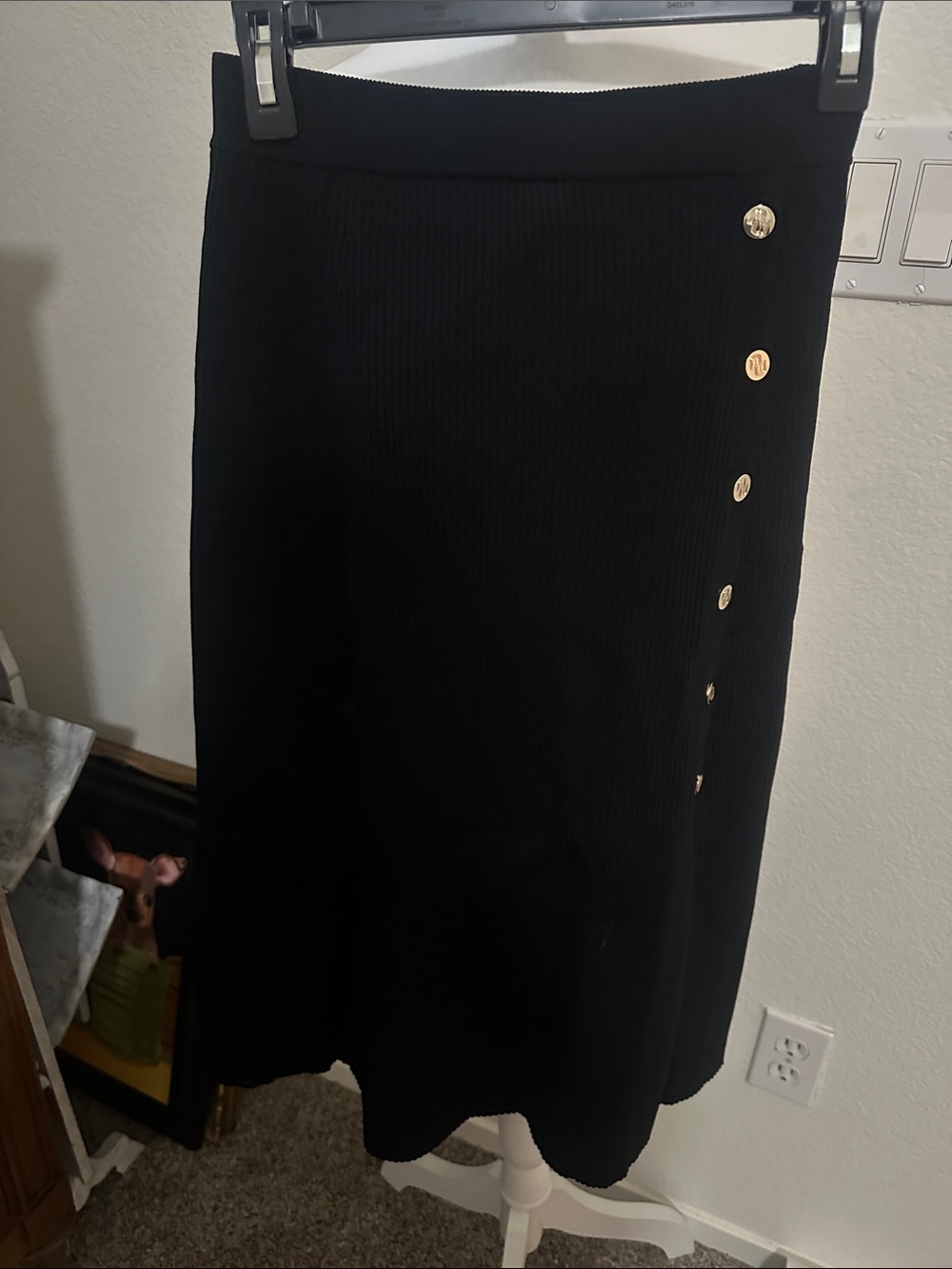Maje Black Midi Skirt with Gold Buttons
